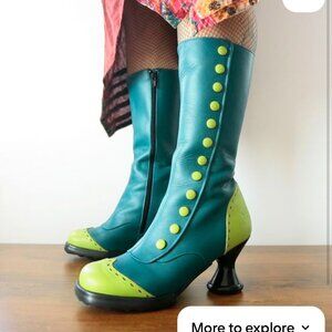 RARE Fluevog Babycakes Boots Turquoise Teal Green 7.5 Victorian Festival Retro
